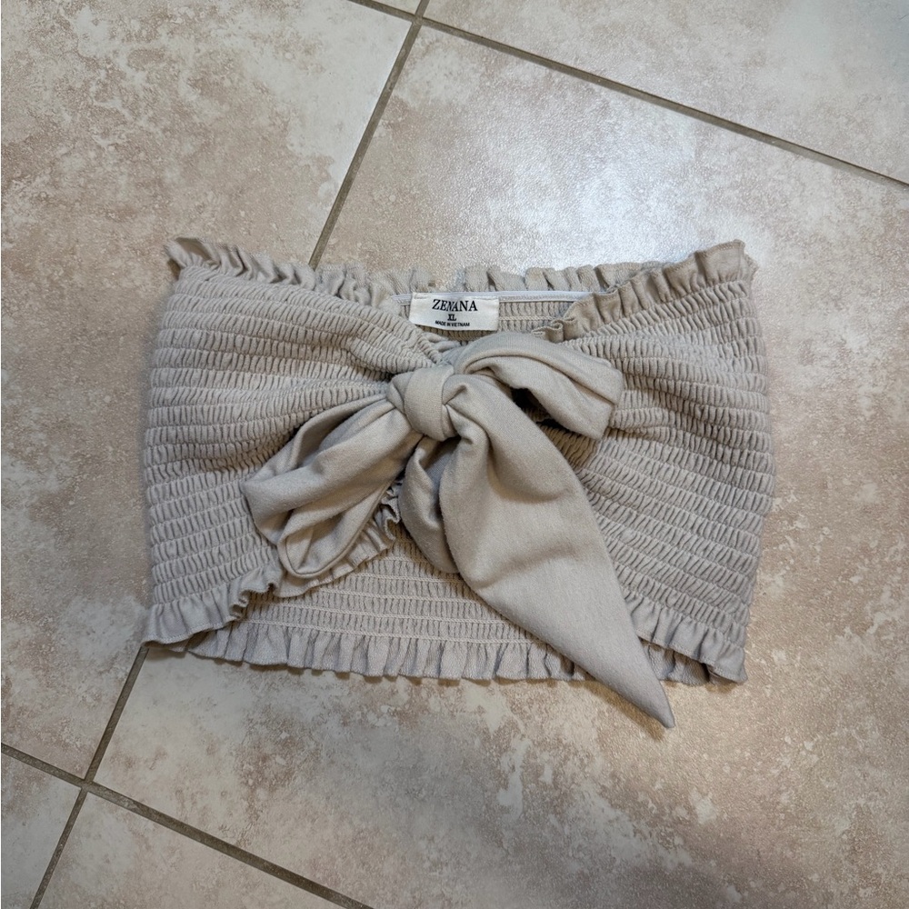 Zenana Outfitters Beige Smocked Tie-Front Tube Top